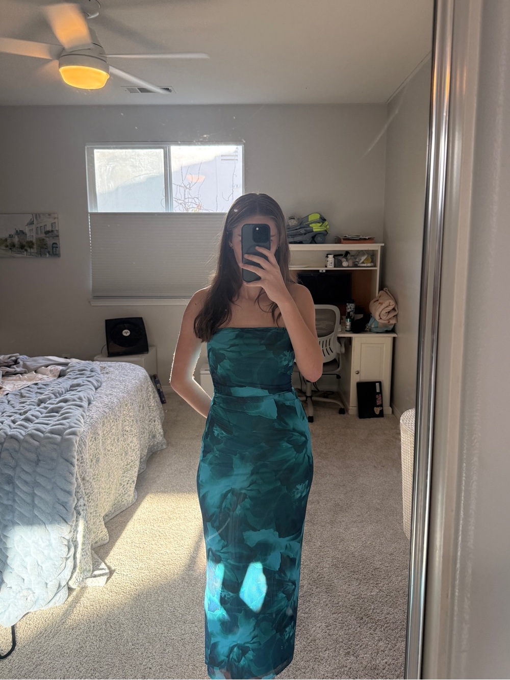 Strapless Teal Floral Maxi Dress